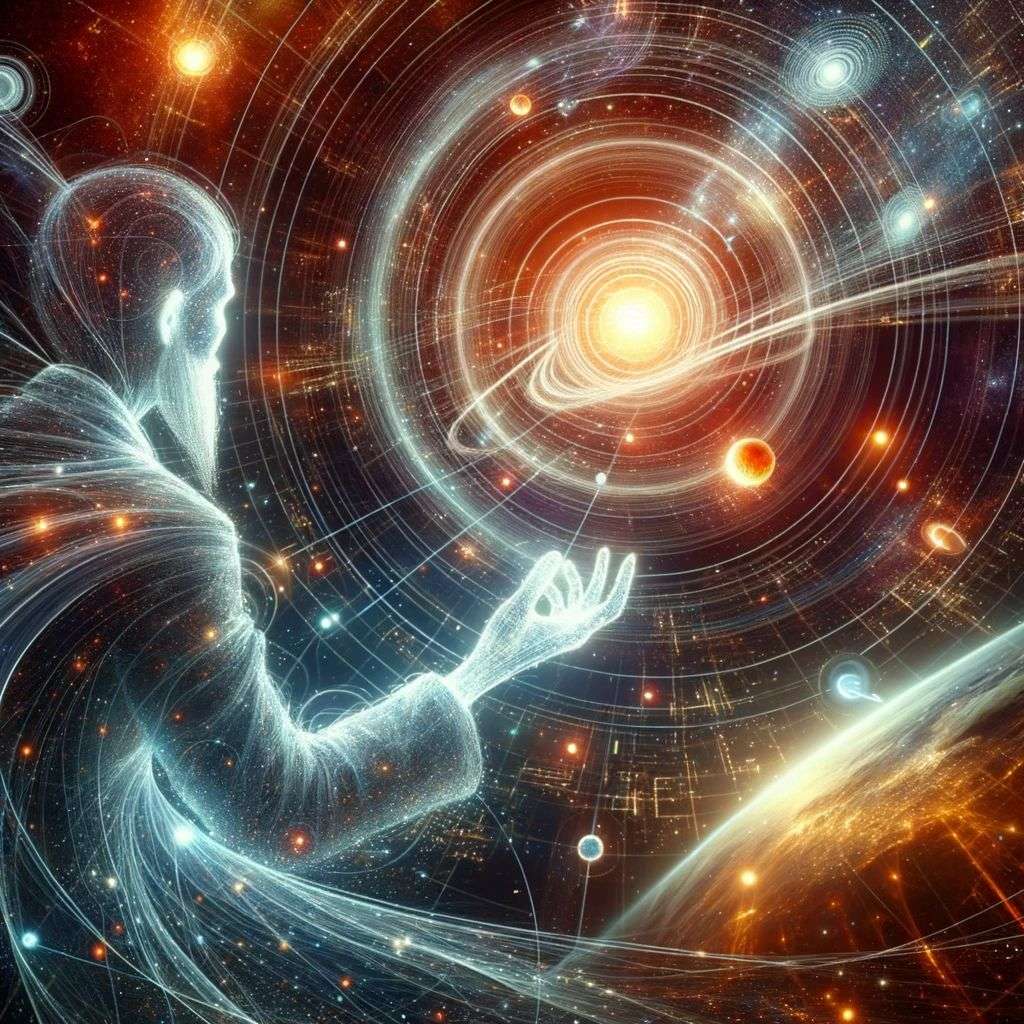 the discovery of gravity, digital art, glowing